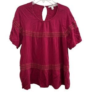 John Paul Richard Tiered Flowy Peasant Top in Burgundy Wine Color Crochet Trim L